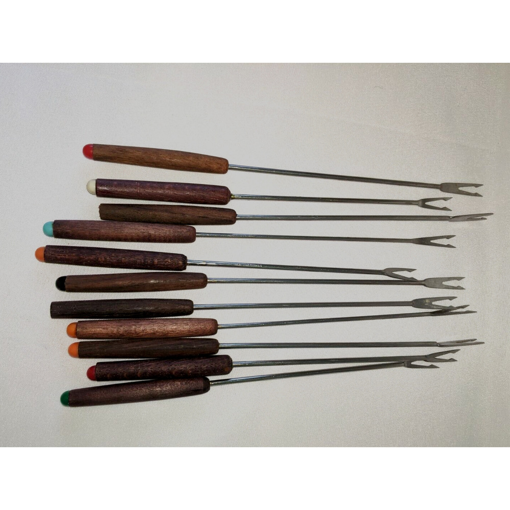 Lot of 11 Fondue Forks Wood Handles Double Prong